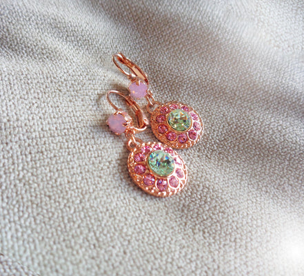 ASHLEY,  Crystal floral  drop earrings light rose,chrysolite,rose gold
