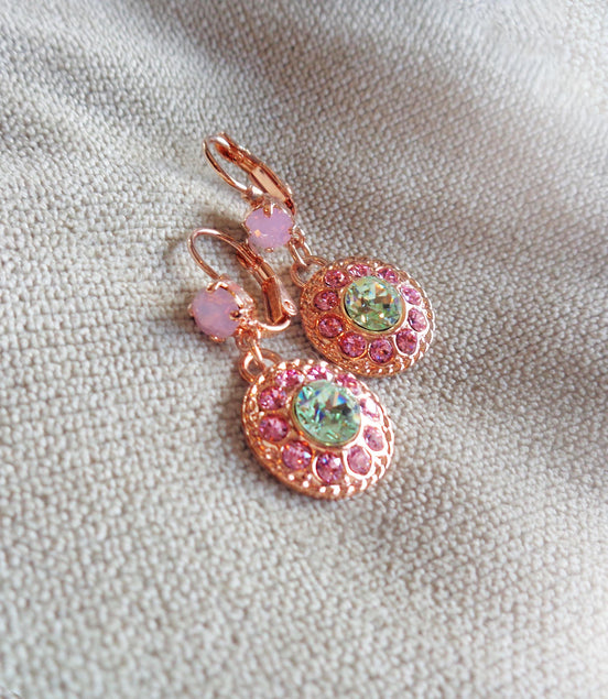 ASHLEY,  Crystal floral  drop earrings light rose,chrysolite,rose gold