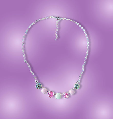 Crystal chain necklace pastel green and pink  ,bright silver
