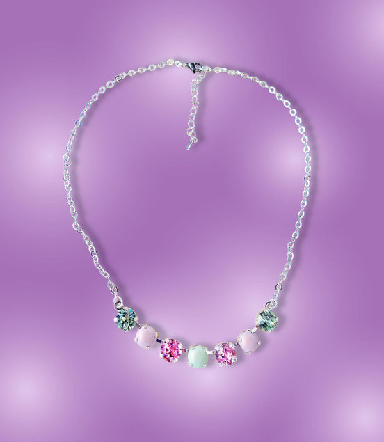 Crystal chain necklace pastel green and pink  ,bright silver
