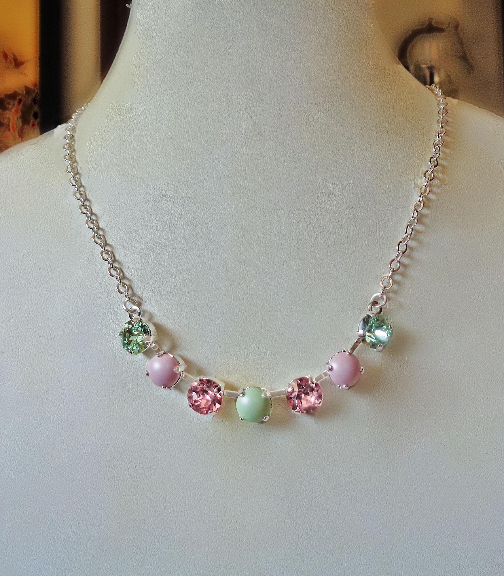Crystal chain necklace pastel green and pink  ,bright silver