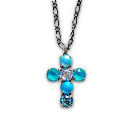 Crystal cross pendant necklace light turquoise,antique brass