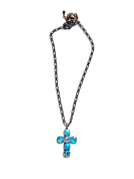 Crystal cross pendant necklace light turquoise,antique brass