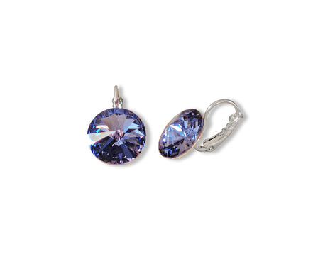 Crystal  rivoli leverback drop earrings, tanzanite,rhodium silver
