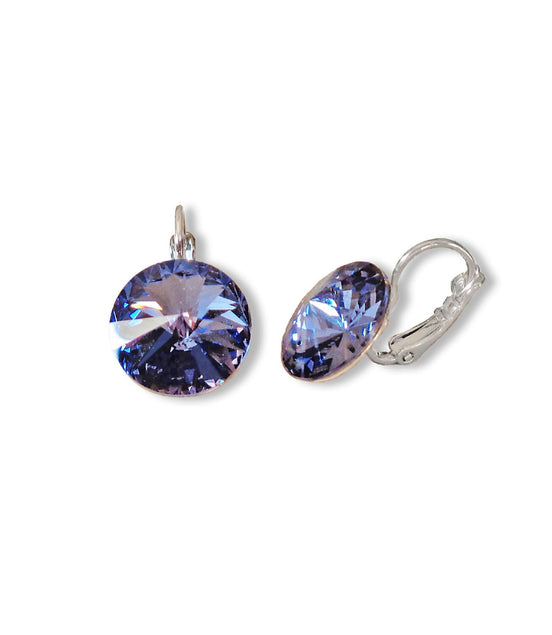 Crystal  rivoli leverback drop earrings, tanzanite,rhodium silver