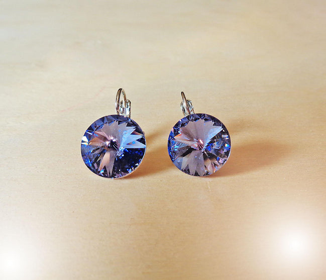 Crystal  rivoli leverback drop earrings, tanzanite,rhodium silver