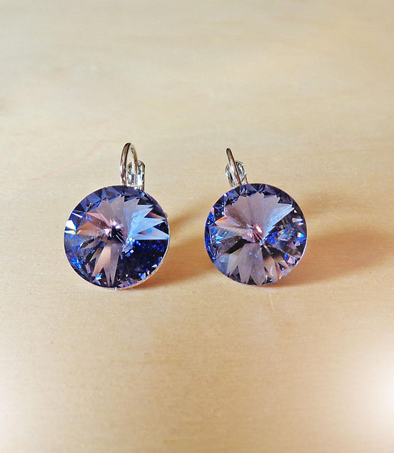 Crystal  rivoli leverback drop earrings, tanzanite,rhodium silver