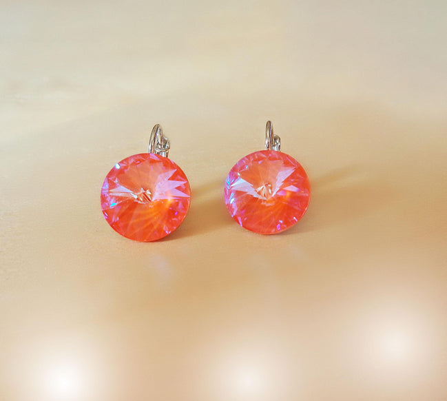 Crystal  rivoli drop earrings,orange glow delite,rhodium silver