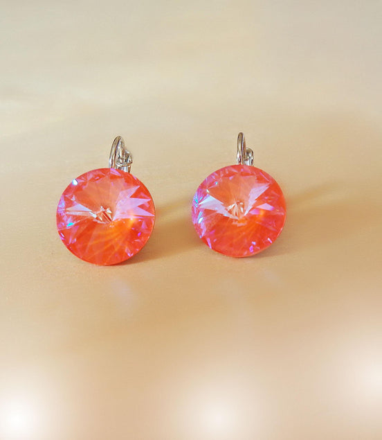Crystal  rivoli drop earrings,orange glow delite,rhodium silver