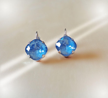Crystal square drop earrings denim blue,rhodium silver