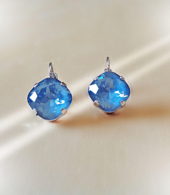 Crystal square drop earrings denim blue,rhodium silver