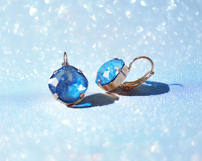 Crystal square drop earrings denim blue,rhodium silver