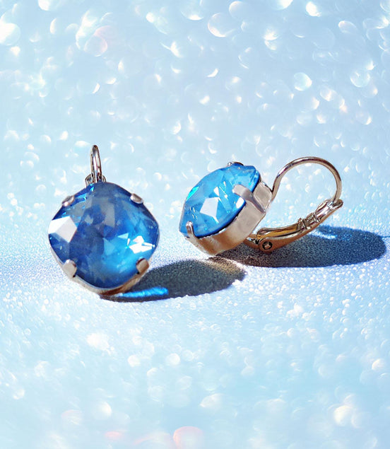 Crystal square drop earrings denim blue,rhodium silver