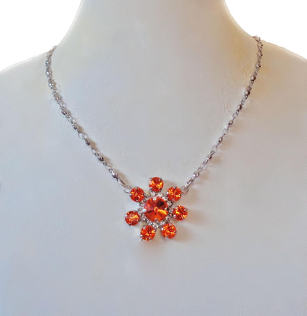 Crystal floral  pendant necklace,orange,stainless steel