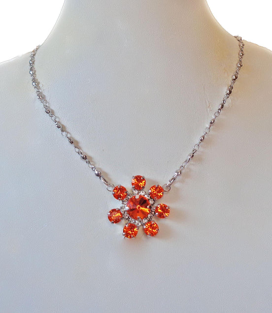 Crystal floral  pendant necklace,orange,stainless steel