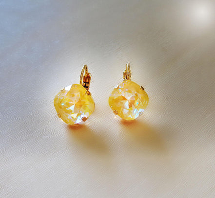 Crystal  square drop earrings sunshine delite,gold plated