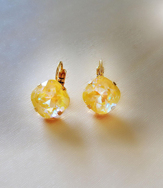 Crystal  square drop earrings sunshine delite,gold plated