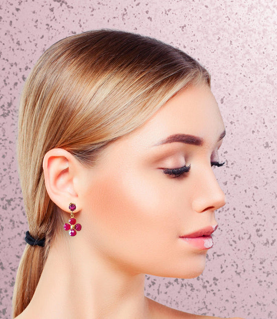 Chalcedony and crystal,fuchsia ,pink floral drop earrings