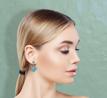 Amazonite and crystal,light blue, floral drop earrings