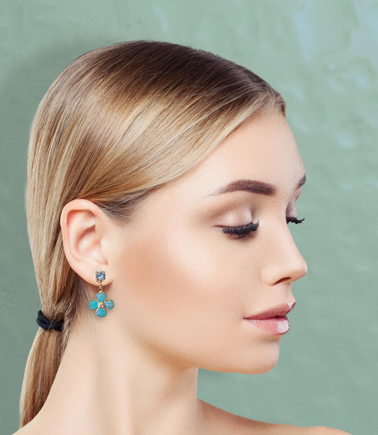 Amazonite and crystal,light blue, floral drop earrings