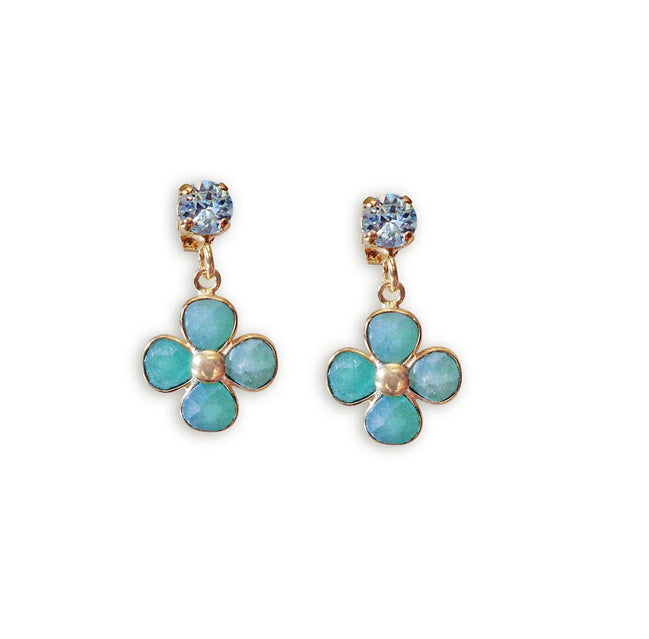 Amazonite and crystal,light blue, floral drop earrings