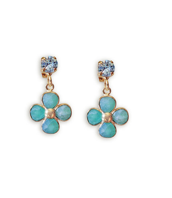 Amazonite and crystal,light blue, floral drop earrings