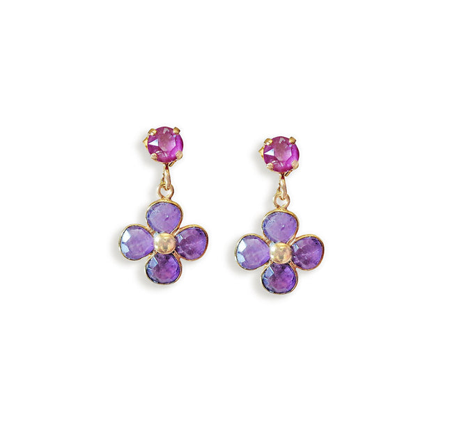 Amethyst and crystal,purple and dark pink floral drop earrings