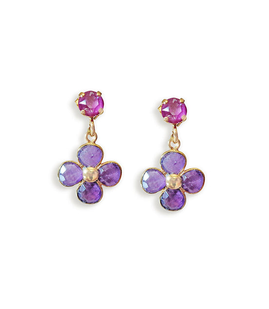 Amethyst and crystal,purple and dark pink floral drop earrings