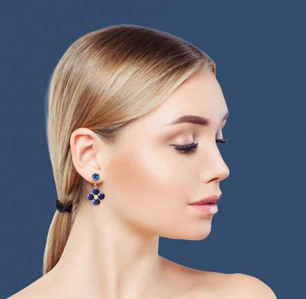 Lapis lazuli and crystal, dark blue, floral drop earrings