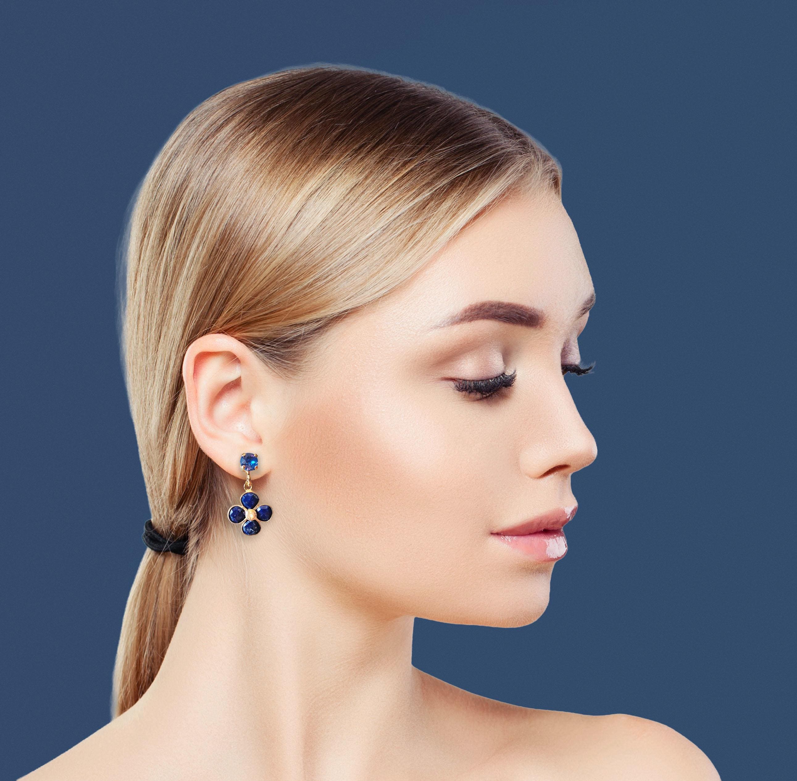 Lapis lazuli and crystal, dark blue, floral drop earrings