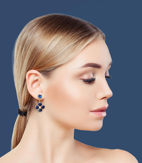 Lapis lazuli and crystal, dark blue, floral drop earrings