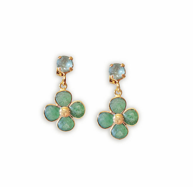 Aventurine and crystal, light green,floral drop earrings