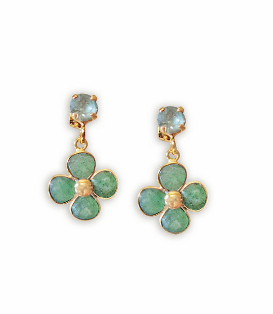 Aventurine and crystal, light green,floral drop earrings
