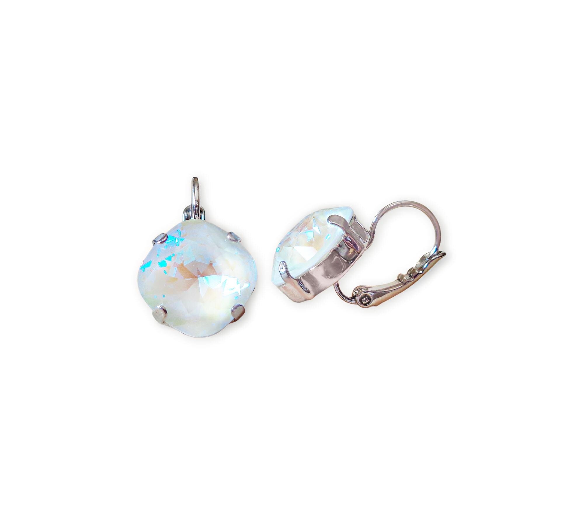 Crystal square drop earrings light grey,rhodim silver