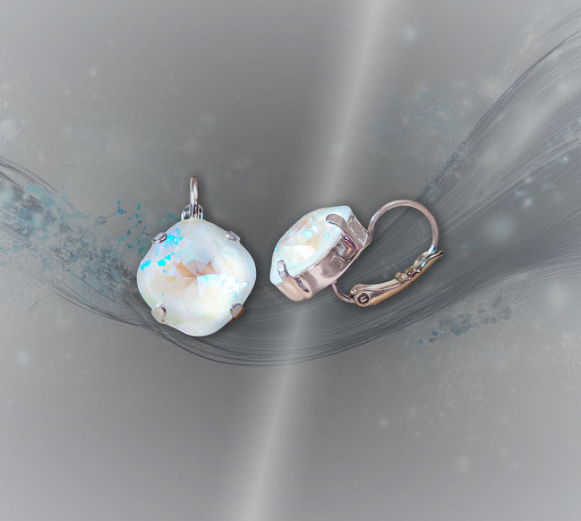 Crystal square drop earrings light grey,rhodim silver