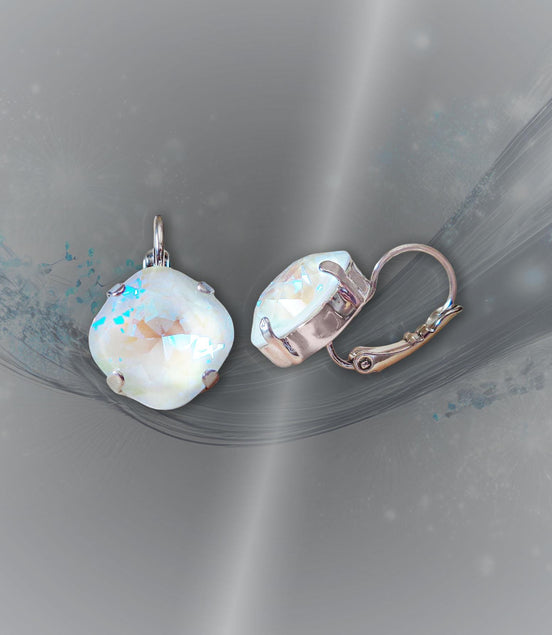 Crystal square drop earrings light grey,rhodim silver