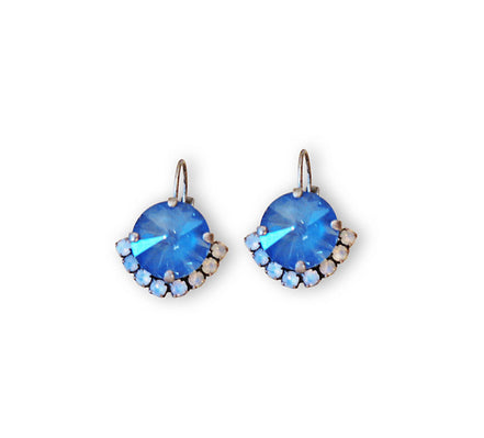 Crystal rivoli drop earrings,denim blue,white,antique silver