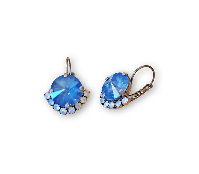 Crystal rivoli drop earrings,denim blue,white,antique silver