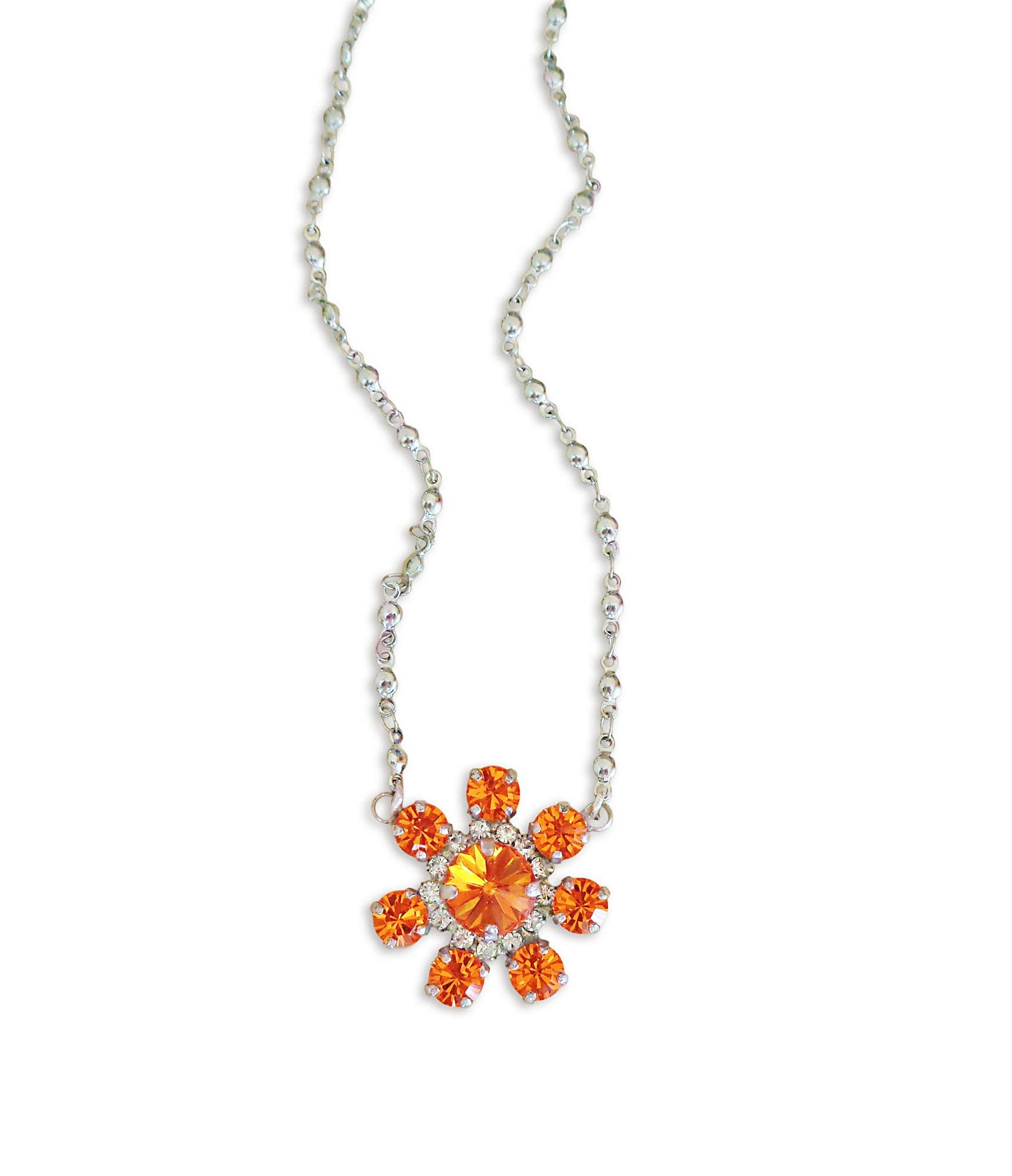 Crystal floral  pendant necklace,orange,stainless steel