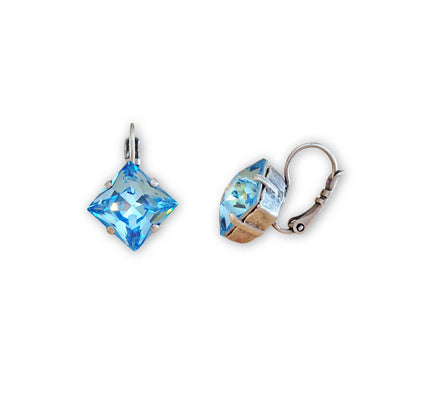 Crystal  princess  square drop earrings aquamarine,antique silver