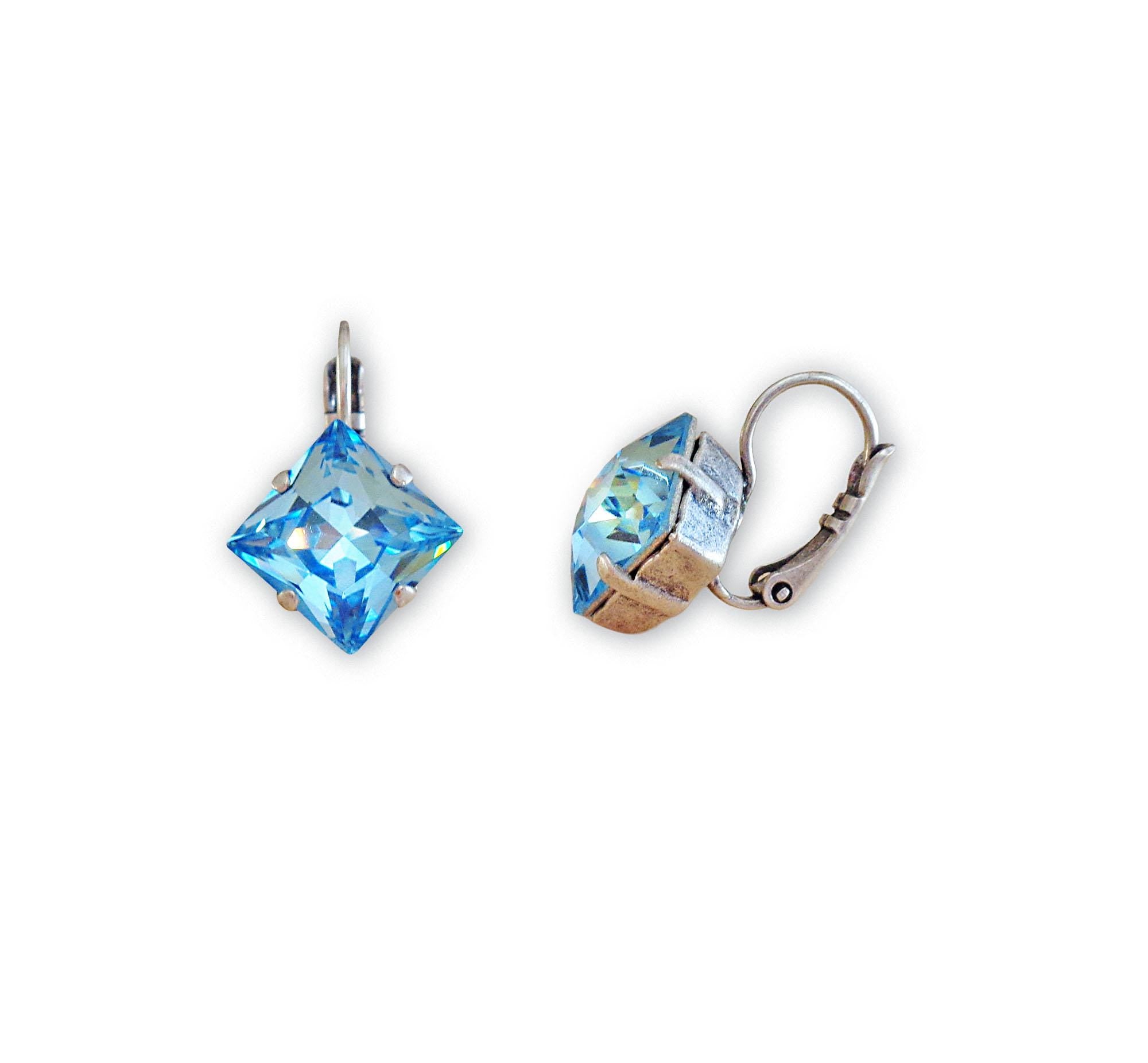 Crystal  princess  square drop earrings aquamarine,antique silver