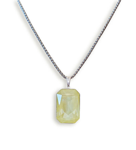 Crystal  large rectangular pendant necklace soft yellow,stainless steel