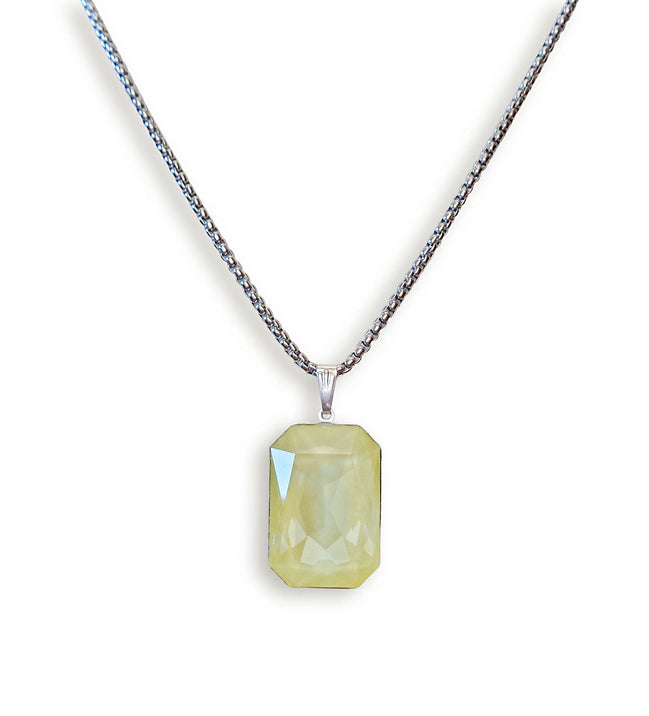 Crystal  large rectangular pendant necklace soft yellow,stainless steel