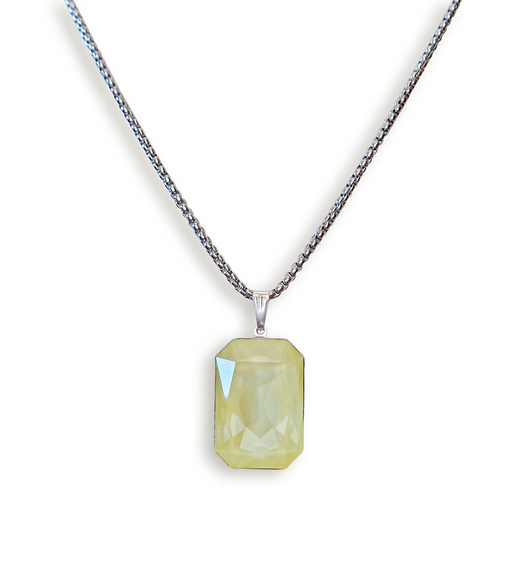 Crystal  large rectangular pendant necklace soft yellow,stainless steel