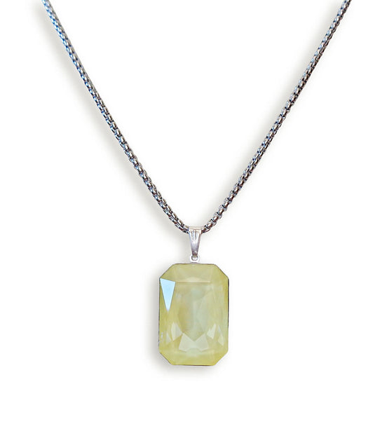 Crystal  large rectangular pendant necklace soft yellow,stainless steel