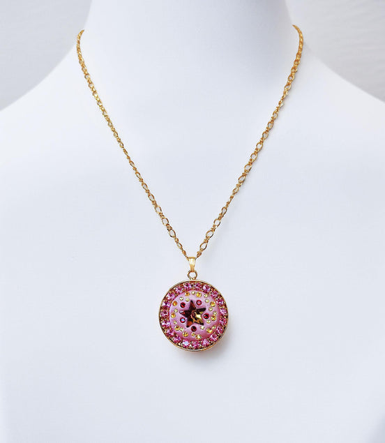 Crystal round pendant ,star design,light pink ,24k gold plated