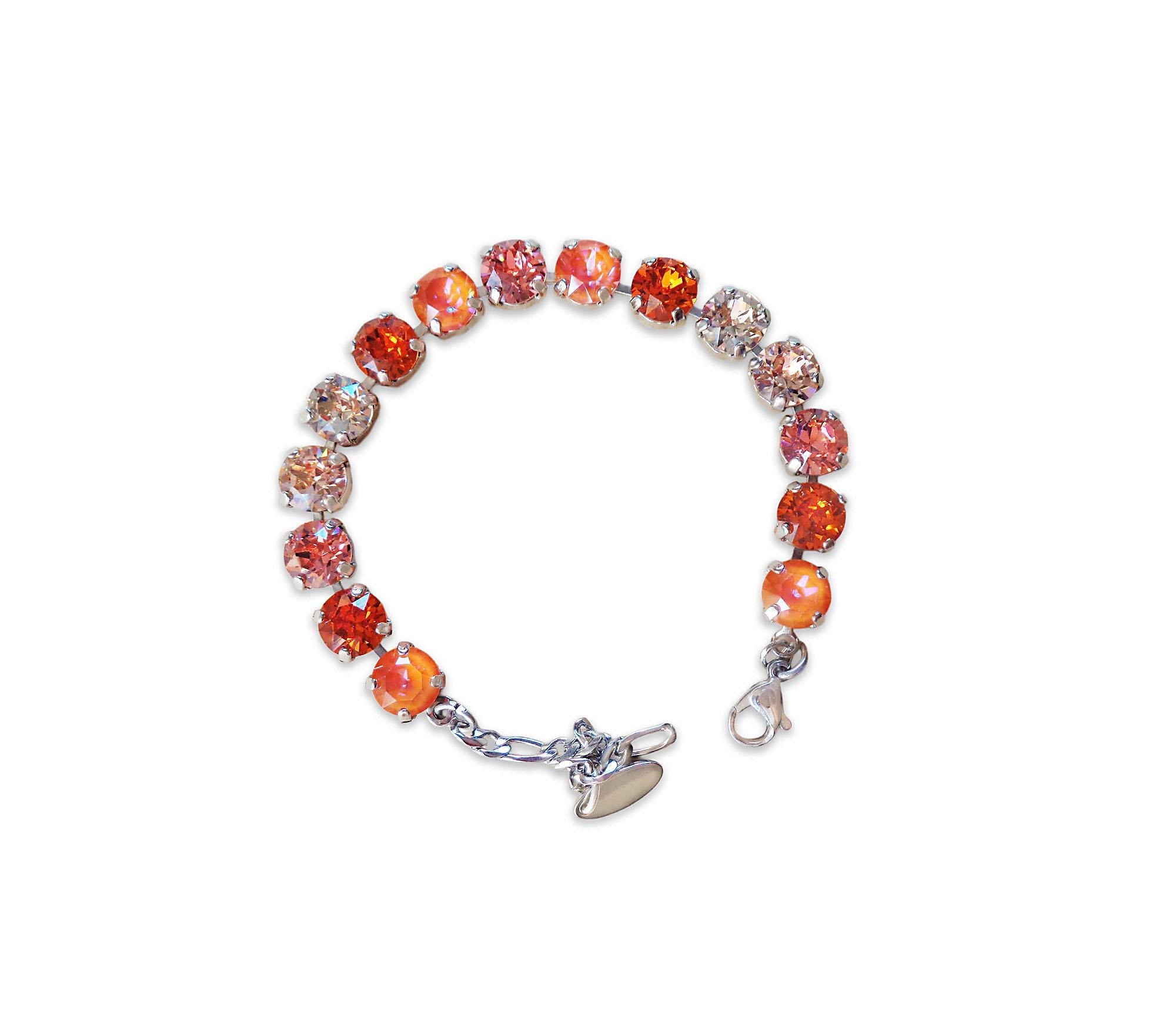 Austrian crystal tennis bracelet  orange and peach ,rhodium silver