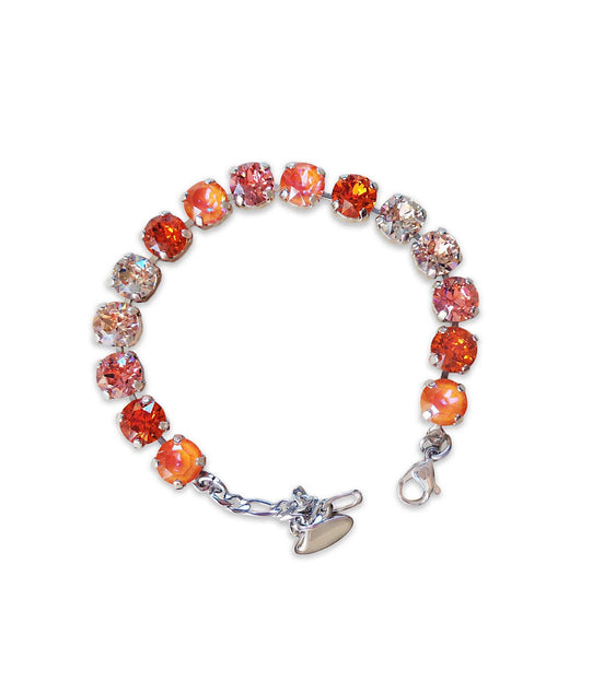 Austrian crystal tennis bracelet  orange and peach ,rhodium silver