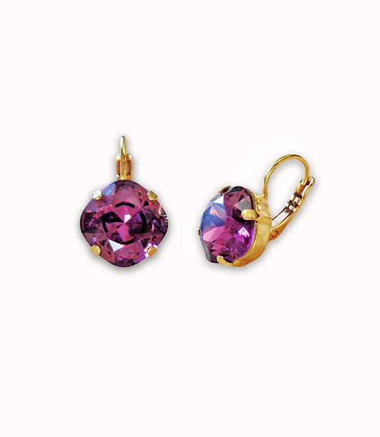 Crystal  square drop earrings amethyst,gold plated