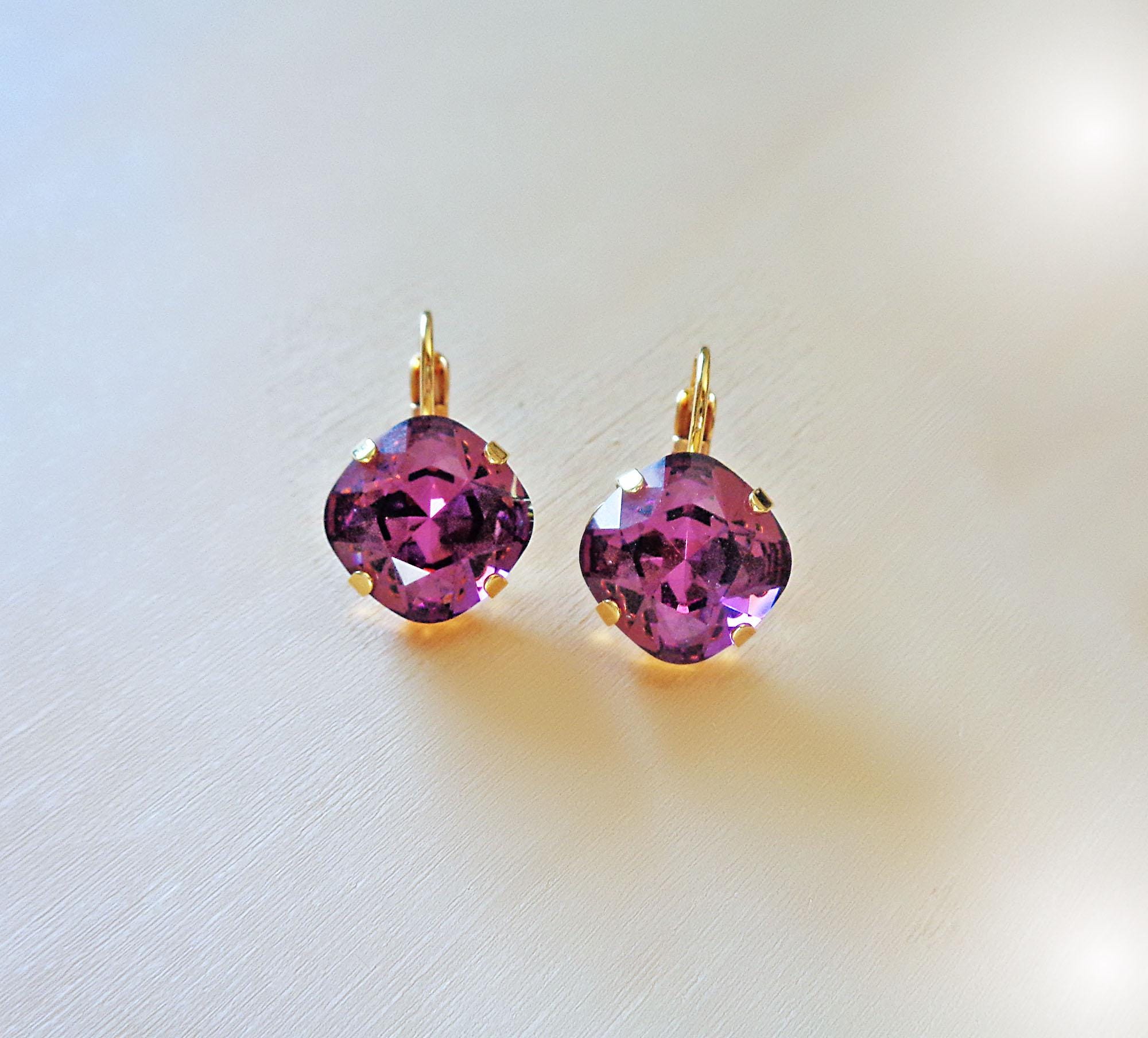 Crystal  square drop earrings amethyst,gold plated